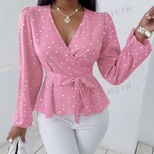 Heart Print Lantern Sleeve Belted Peplum Blouse